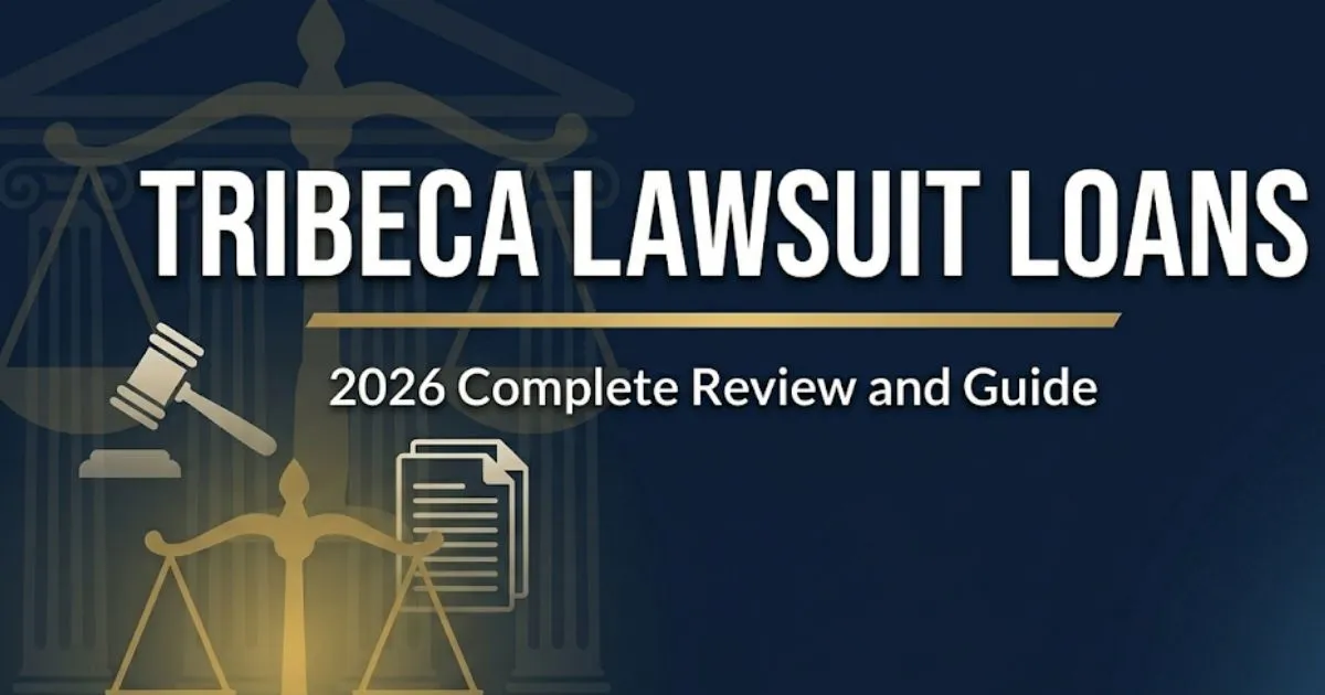 Tribeca Lawsuit Loans 2026 review guide banner with legal scale icons on a deep navy background