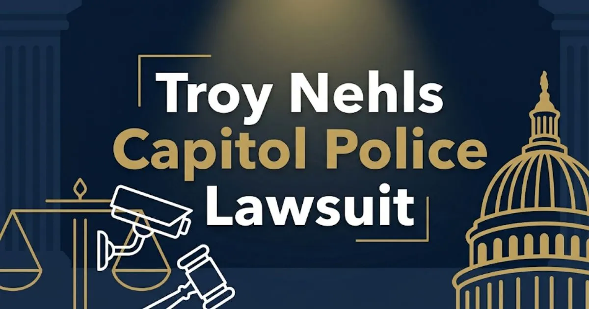 Troy Nehls Capitol Police lawsuit 2026 update banner with Capitol dome silhouette and legal symbols on navy background