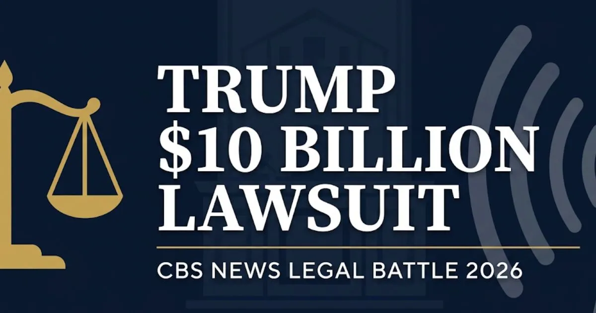 Trump 10 billion lawsuit banner showing scales of justice and bold legal headline against a navy background for 2026 case update