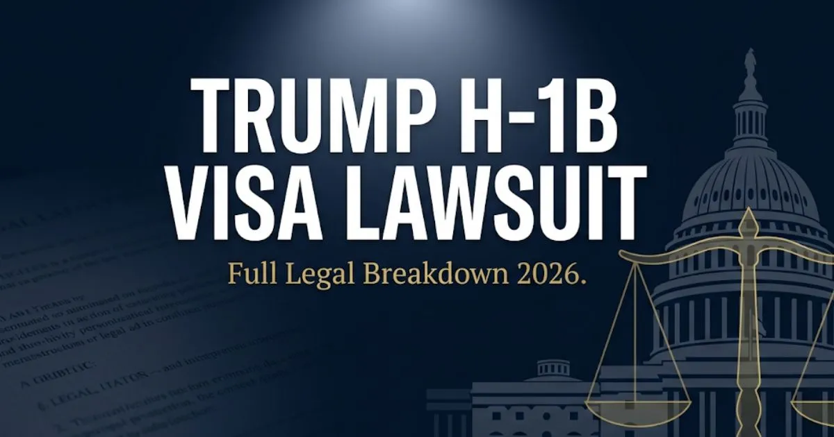 Trump H-1B visa lawsuit 2026 legal breakdown banner with Capitol silhouette and legal scales on navy background