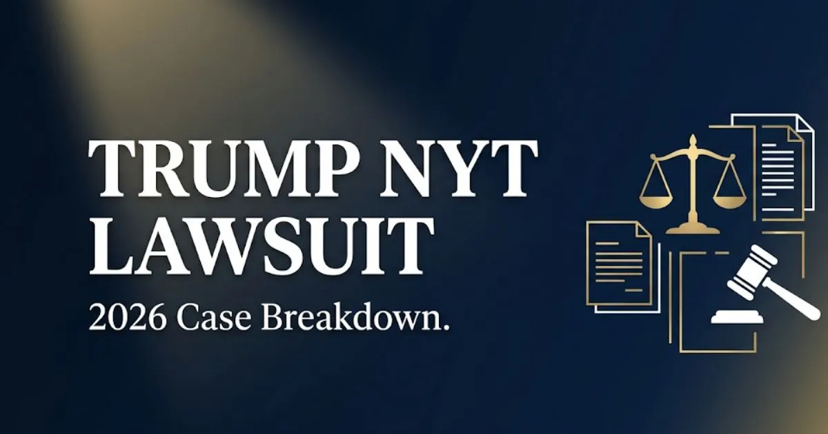 Trump NYT lawsuit 2026 case breakdown banner with legal scale and gavel icons on navy background
