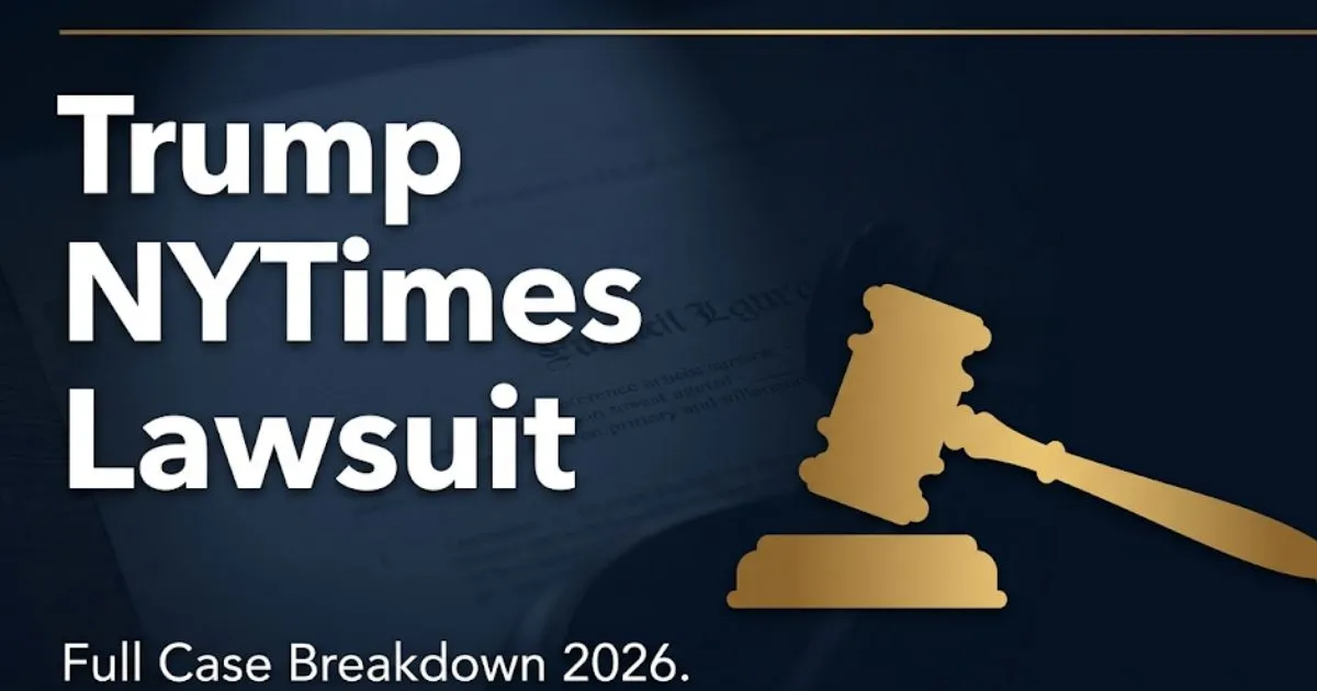Trump NYTimes lawsuit full case breakdown 2026 editorial banner with gavel silhouette and legal document background