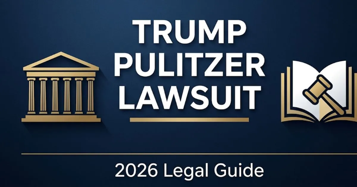 Trump Pulitzer lawsuit 2026 legal guide banner with courthouse silhouette and gavel icon on navy background