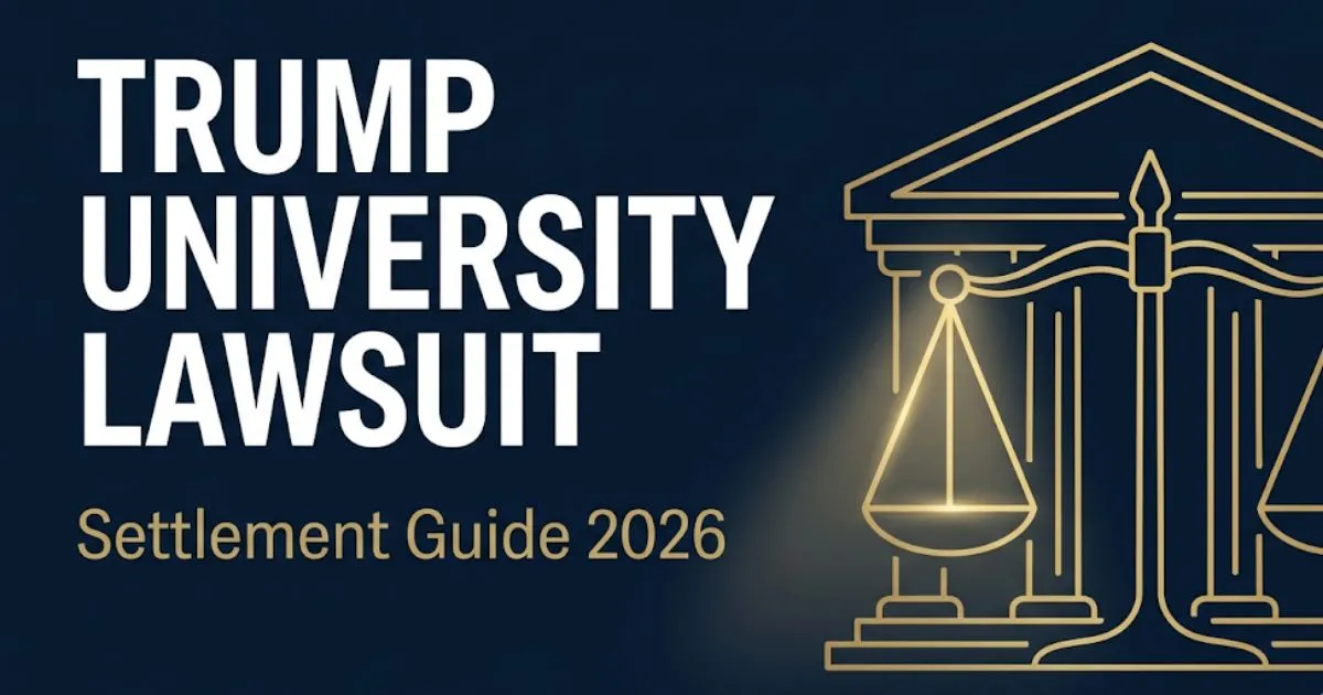 Trump University lawsuit settlement guide 2026 banner with courthouse silhouette and scales of justice in navy and gold