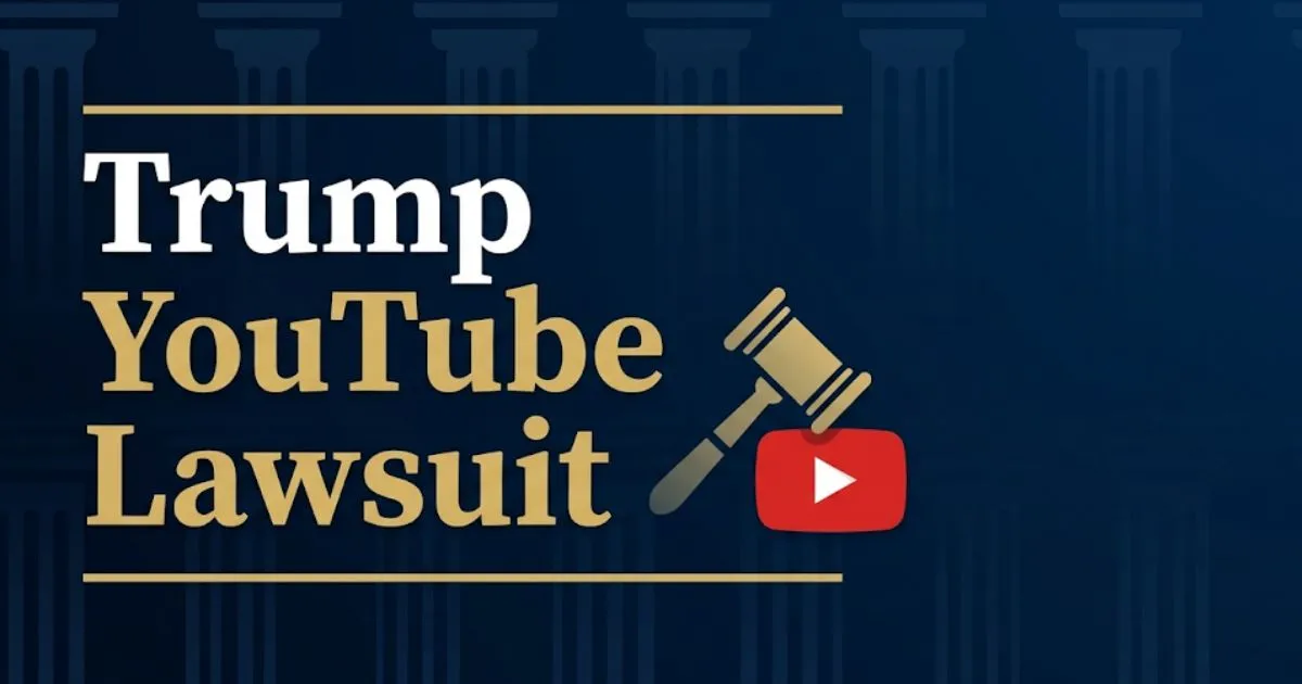 Trump YouTube lawsuit 2026 legal case breakdown banner with gavel and play button icons on navy background