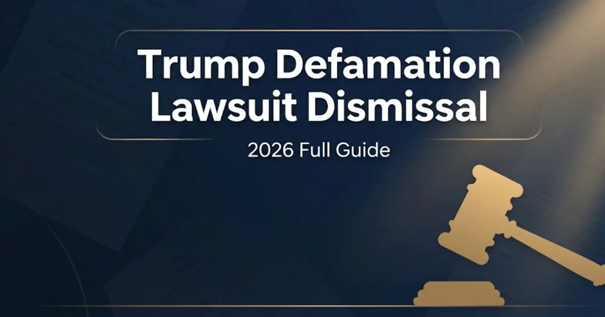 Trump defamation lawsuit dismissal 2026 legal guide banner with gold gavel silhouette on navy background