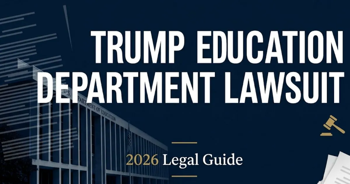 Trump education department lawsuit 2026 legal guide banner with navy and gold design featuring silhouette of federal building and gavel icon