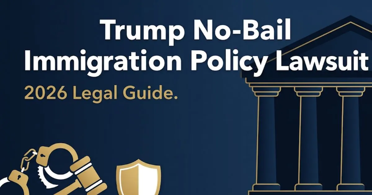 Trump no-bail immigration policy lawsuit 2026 legal guide banner with courthouse silhouette on navy background