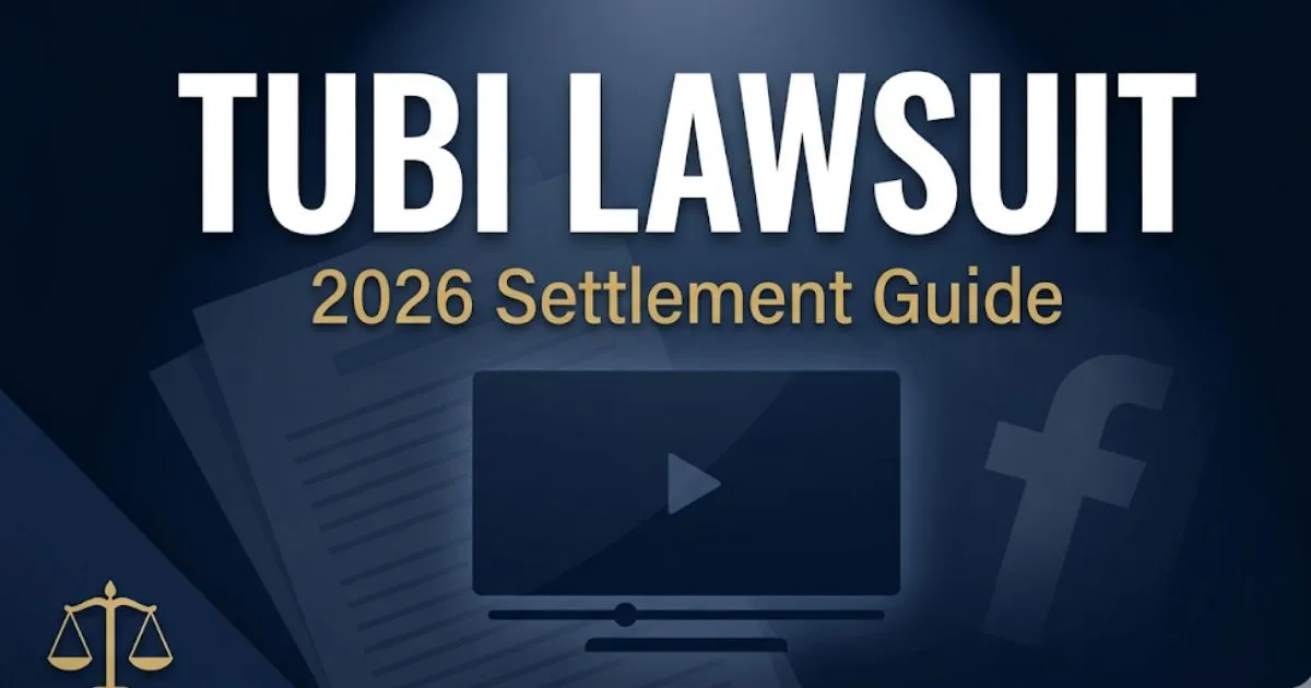 Tubi Lawsuit 2026 settlement guide banner with legal scales and streaming silhouette on navy background