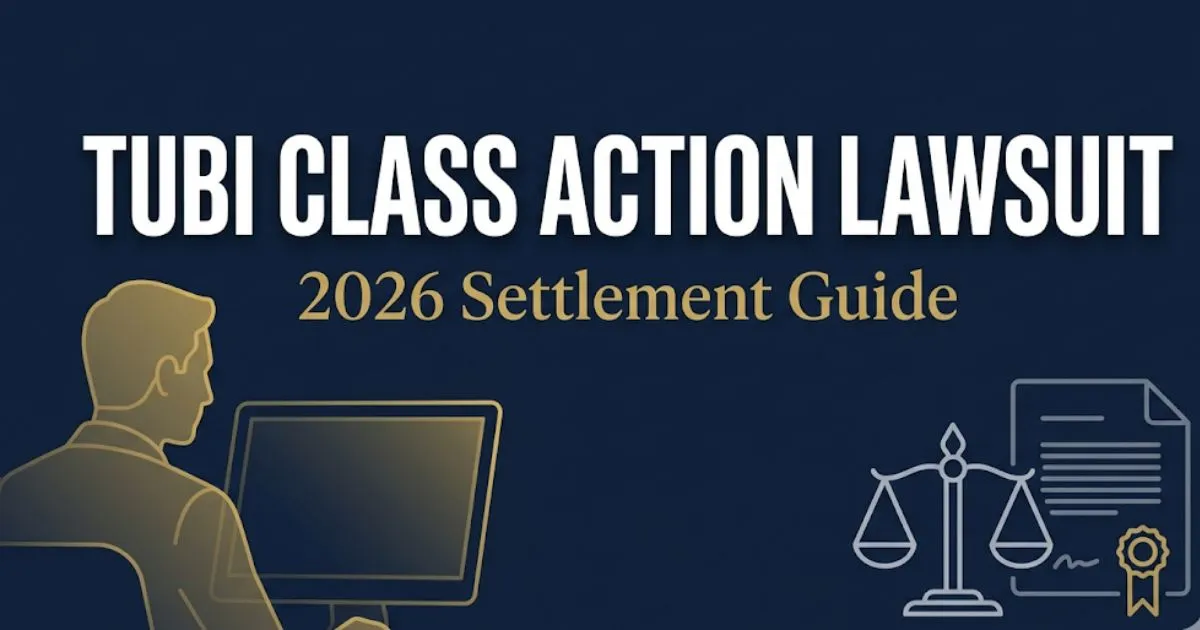 Tubi class action lawsuit 2026 settlement guide banner with legal symbols and navy background