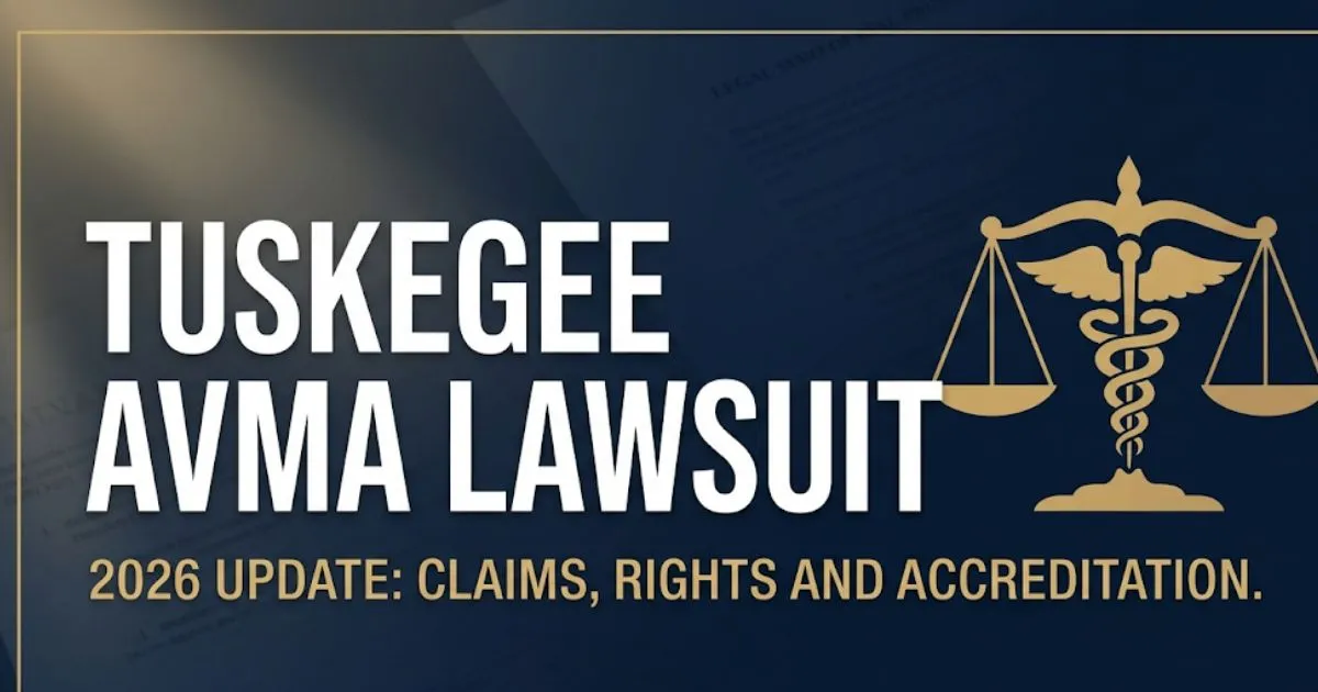 Tuskegee AVMA lawsuit 2026 blog banner with legal scales and veterinary symbols on navy background