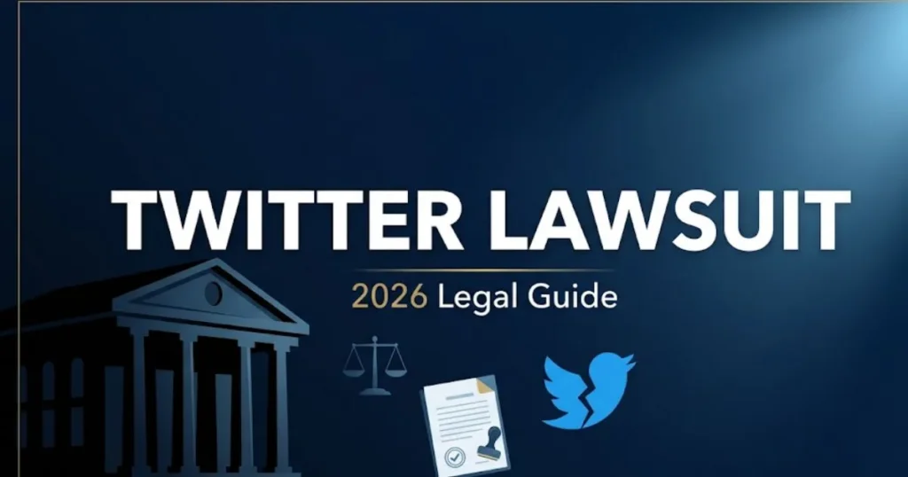 Twitter lawsuit 2026 legal guide banner showing courthouse silhouette and scales of justice on navy background