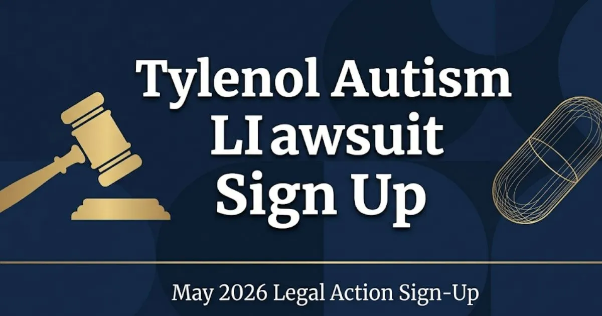 Tylenol autism lawsuit sign up 2026 guide banner with gavel and pill icon on navy background