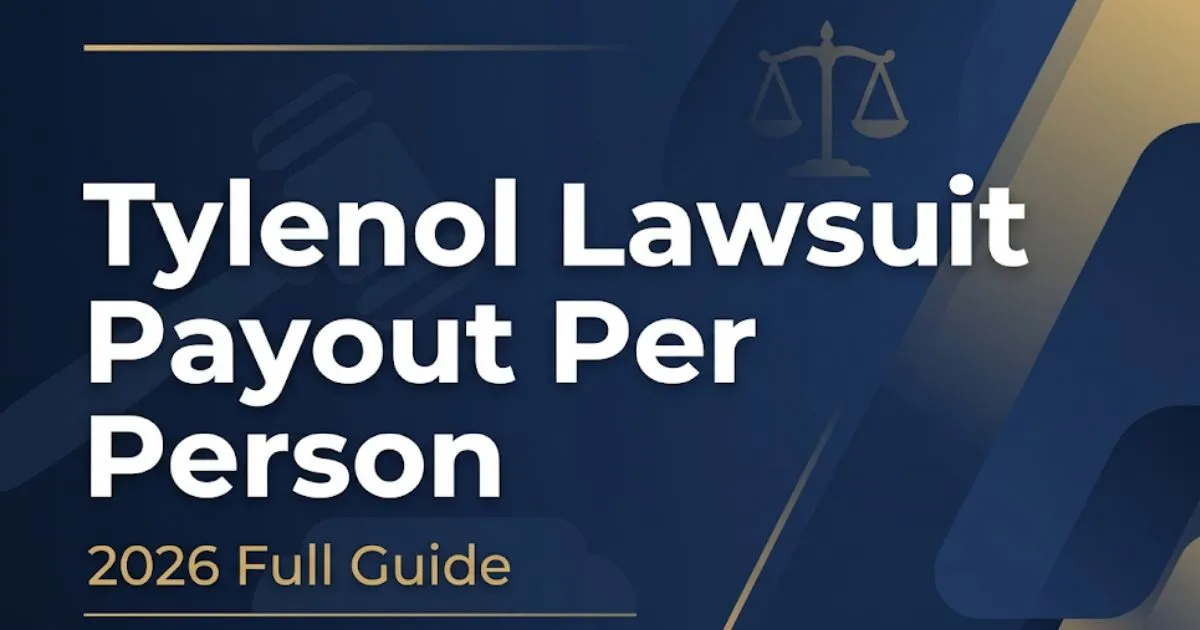 Tylenol lawsuit payout per person 2026 guide banner with legal gavel and scales of justice icons on navy background.