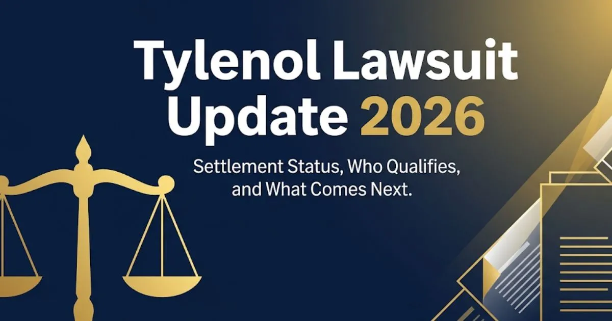 Tylenol lawsuit update 2026 blog banner showing scales of justice with settlement and eligibility information headline