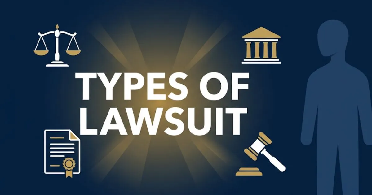 Types of lawsuit guide 2026 showing legal icons, courthouse silhouette, and scales of justice on navy background