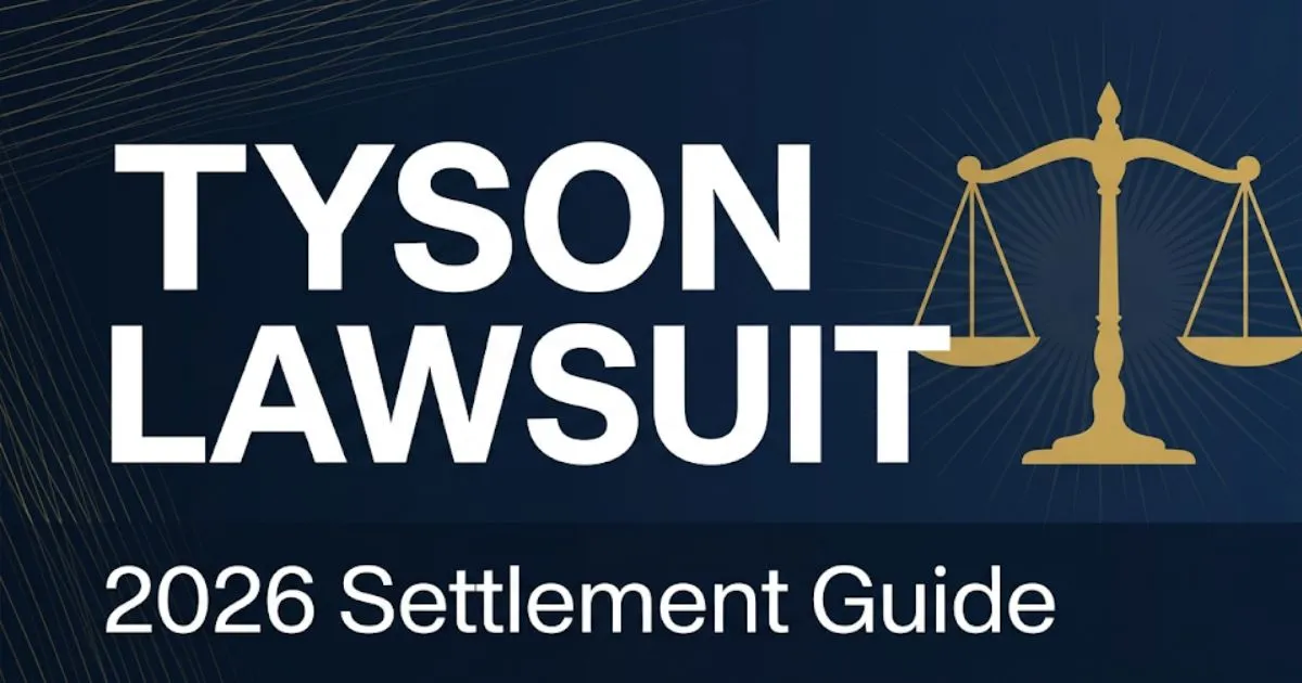 Tyson lawsuit 2026 settlement guide banner with scales of justice on deep navy background