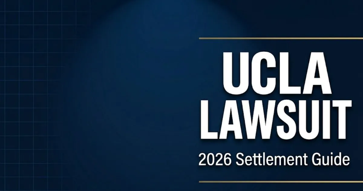 UCLA lawsuit 2026 settlement guide banner with courthouse silhouette and scales of justice on navy background