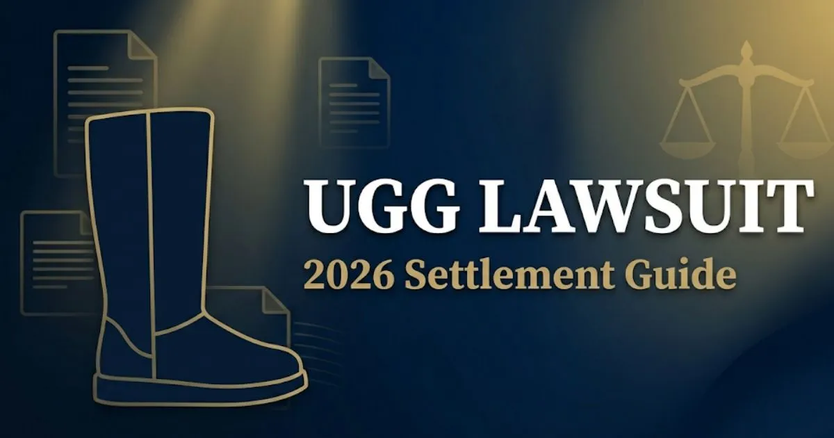 UGG lawsuit 2026 settlement guide banner with boot silhouette and legal scales on navy background