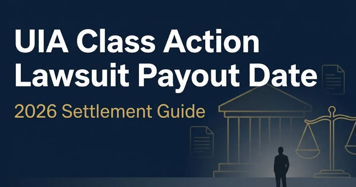 UIA class action lawsuit payout date 2026 settlement guide banner with legal courthouse icons on navy background