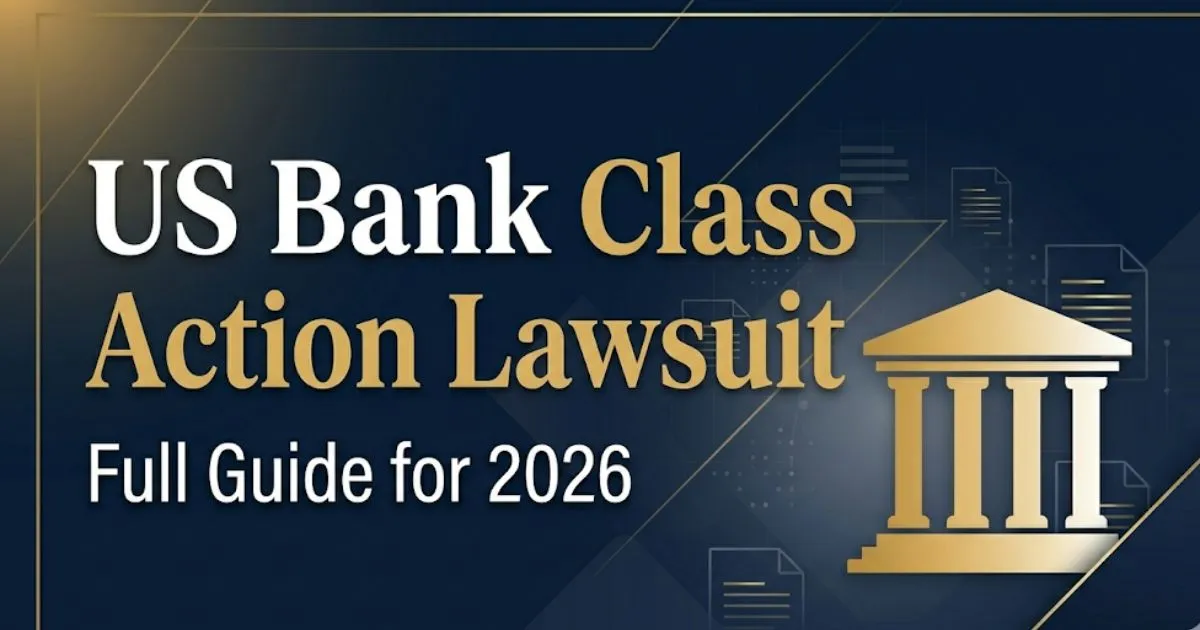 US Bank class action lawsuit 2026 guide banner with courthouse silhouette and legal icons on navy background