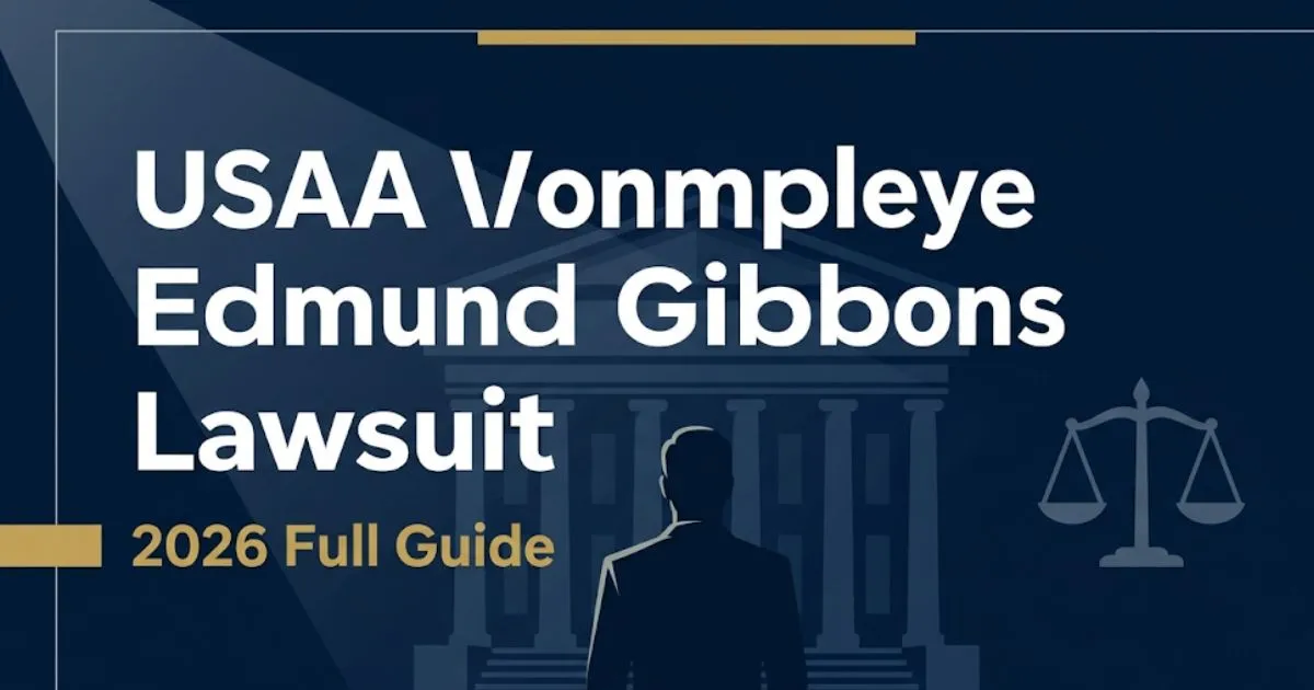USAA employee Edmund Gibbons lawsuit 2026 guide legal banner with courthouse silhouette and gold accents