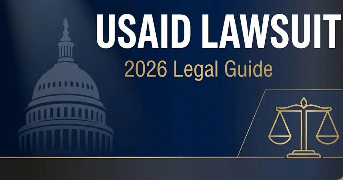 USAID lawsuit 2026 legal guide banner showing courthouse silhouette and scales of justice on navy background