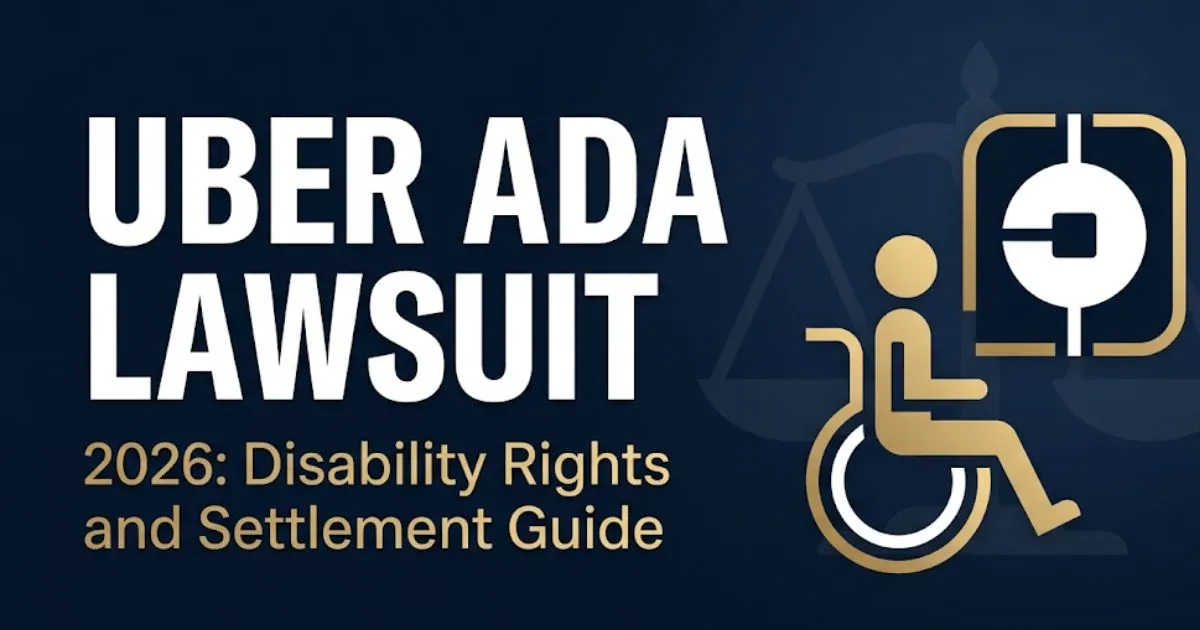 Uber ADA lawsuit 2026 blog banner with wheelchair silhouette and legal scales on navy background