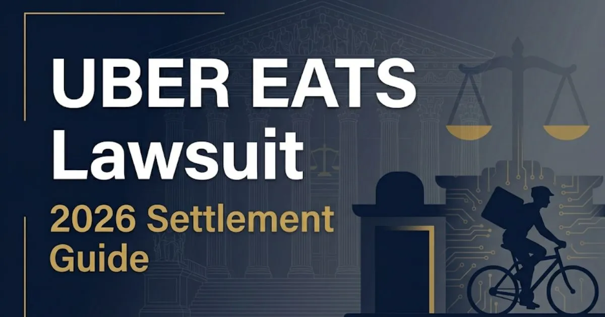 Uber Eats lawsuit 2026 settlement guide banner with legal icons and delivery courier silhouette on navy background