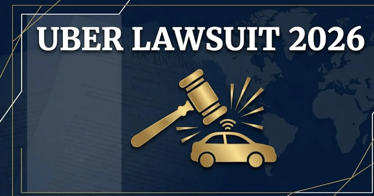 Uber Lawsuit 2026 editorial banner showing gavel over rideshare car icon with legal settlement information headline