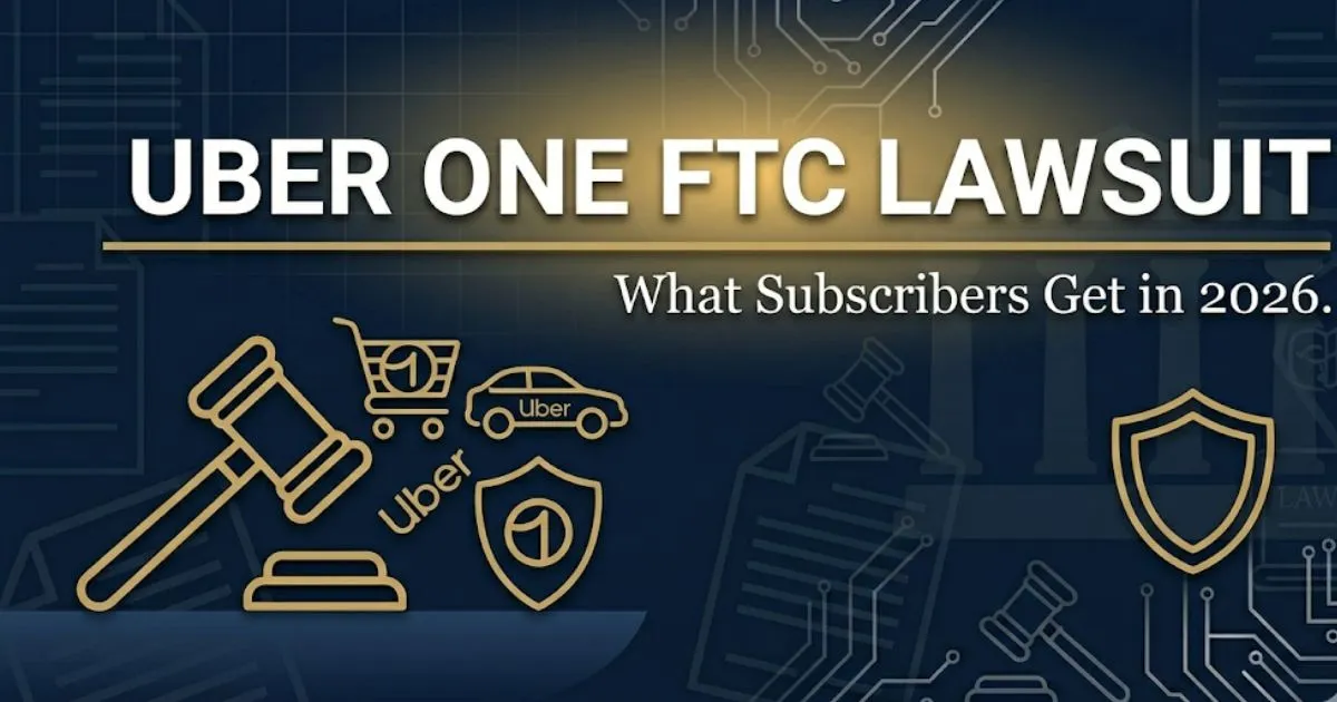 Uber One FTC lawsuit 2026 blog banner with legal gavel and shield icons on navy background