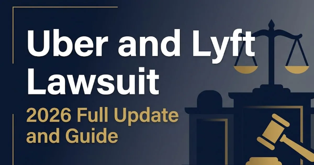 Uber and Lyft Lawsuit 2026 guide banner showing courtroom silhouette with scales of justice and headline text