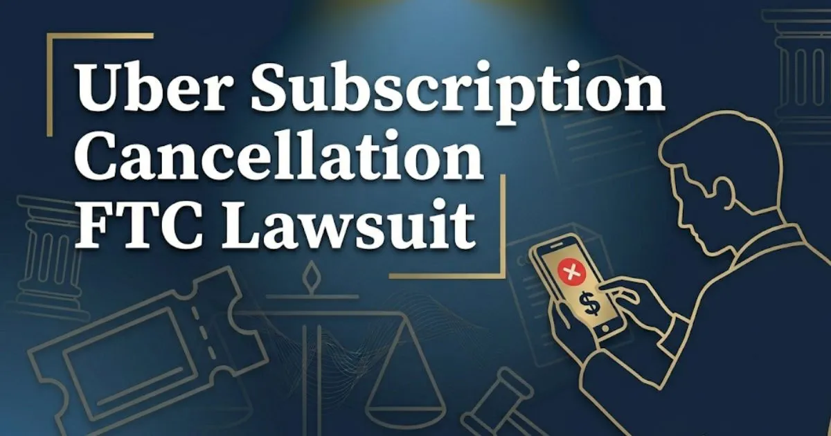 Uber subscription cancellation FTC lawsuit 2026 legal guide banner with navy background and gold accents