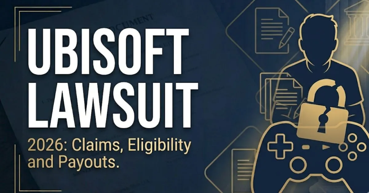 Ubisoft lawsuit 2026 editorial banner showing legal claim and settlement information for affected gamers