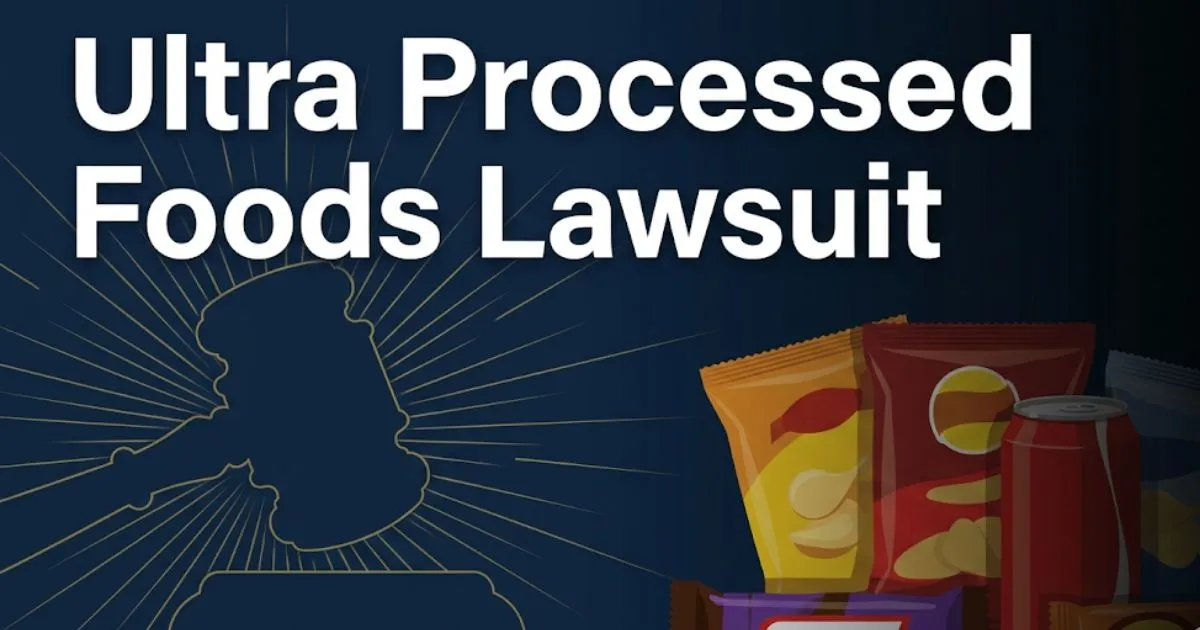 Ultra processed foods lawsuit 2026 blog banner with gavel and food icons on navy background