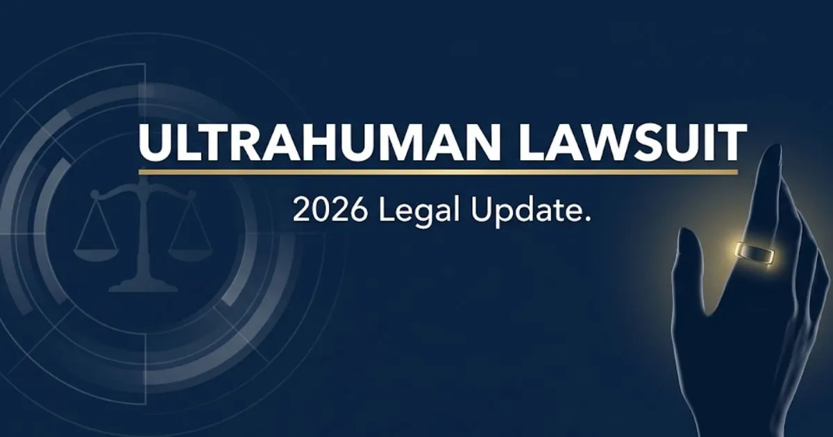 Ultrahuman lawsuit 2026 legal banner showing smart ring silhouette and scales of justice on navy background
