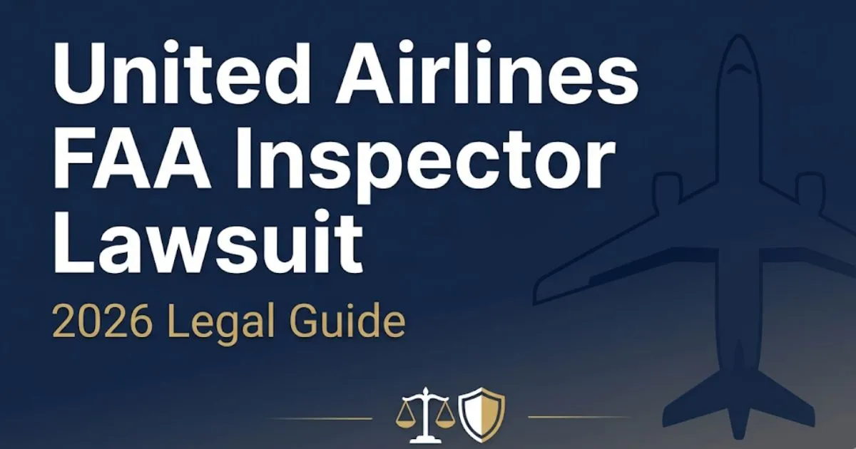 United Airlines FAA Inspector Lawsuit 2026 guide banner with aircraft silhouette and legal justice symbols on navy background