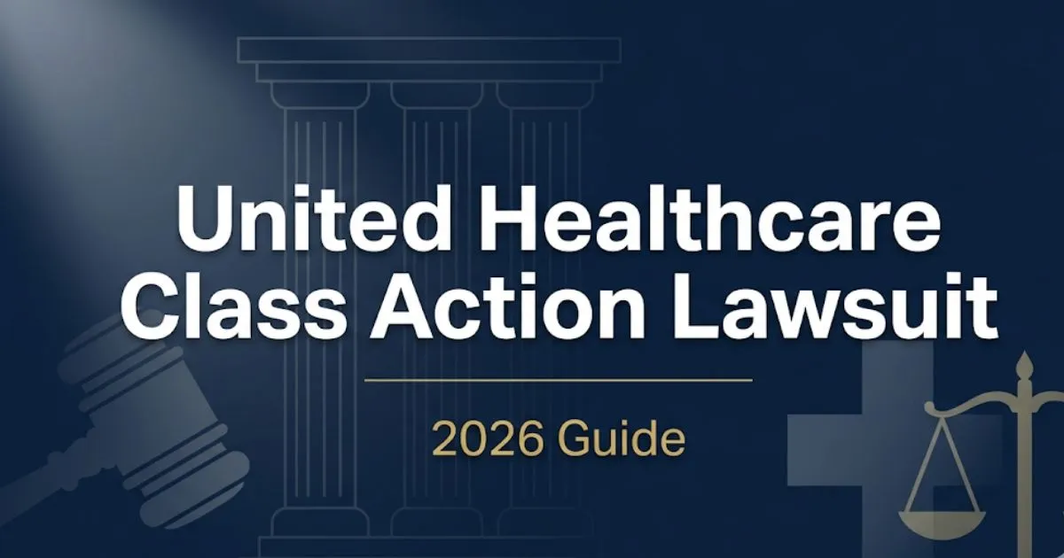 United healthcare class action lawsuit 2026 guide banner with legal symbols and navy gold design