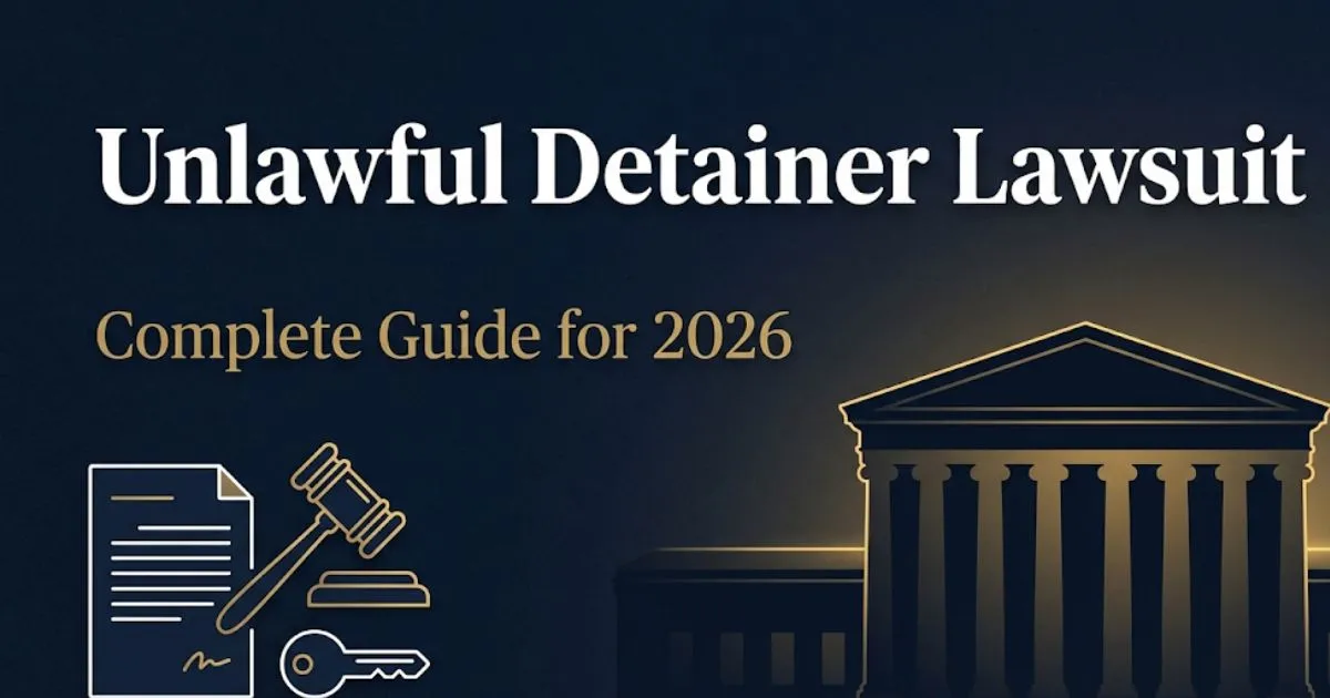 Unlawful detainer lawsuit guide 2026 legal banner with courthouse silhouette and gavel icons on navy background
