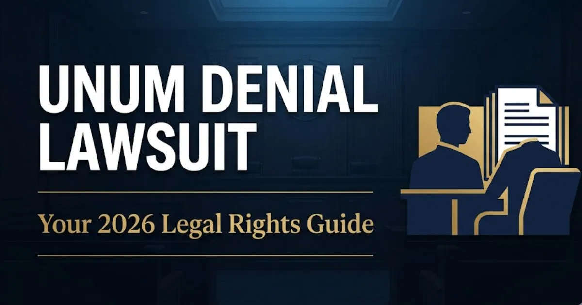 Unum denial lawsuit 2026 legal rights guide banner with courtroom silhouette and bold headline text