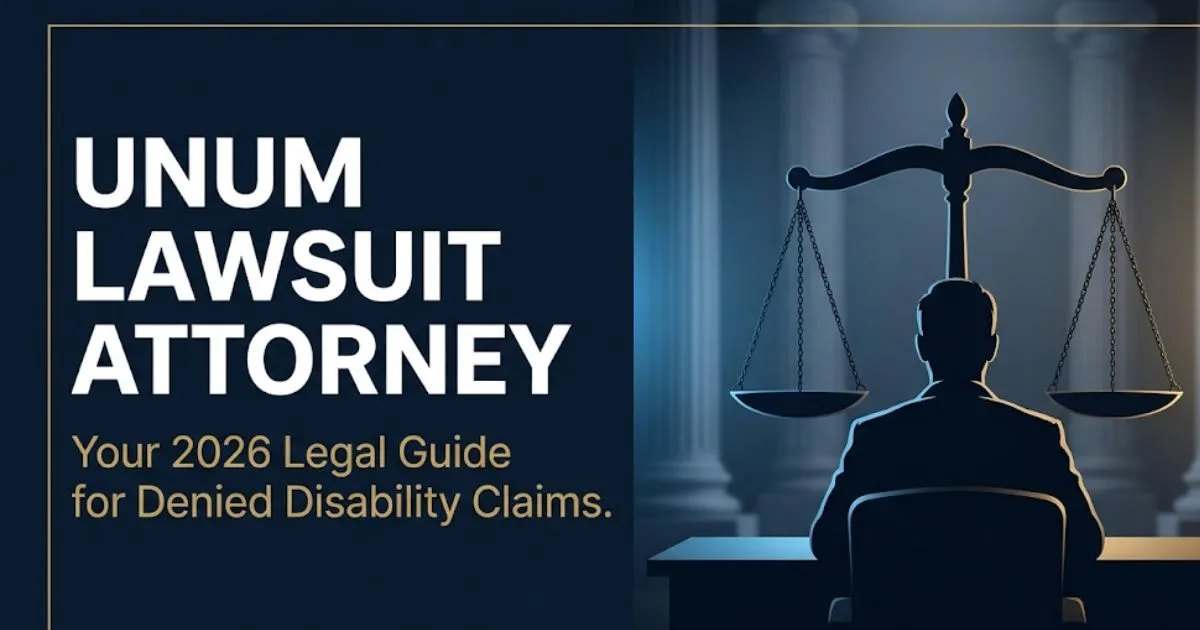 Unum lawsuit attorney 2026 legal guide banner with scales of justice silhouette on navy background
