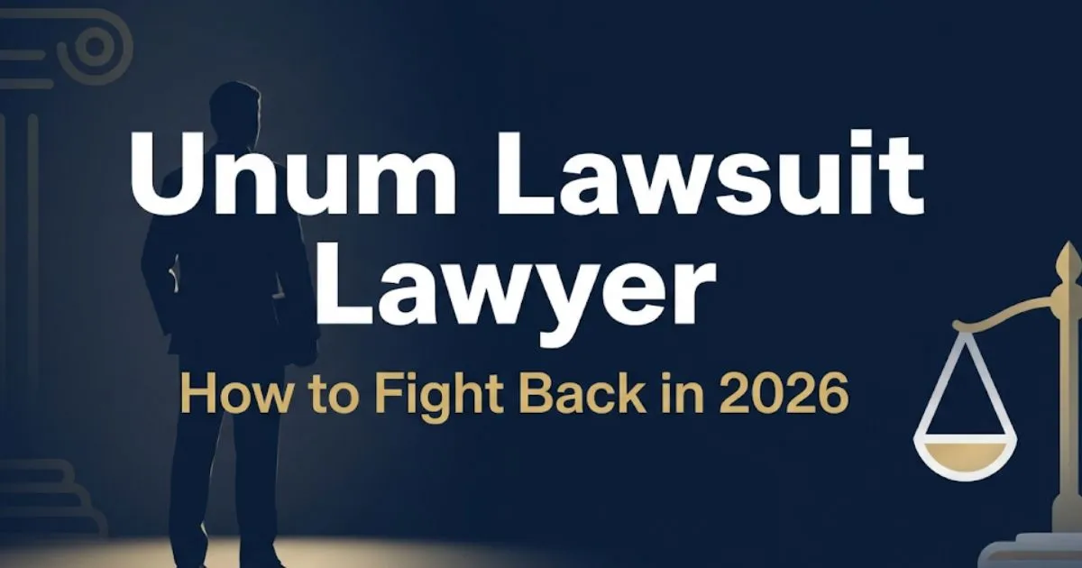 Unum lawsuit lawyer hero banner with courthouse silhouette and scales of justice on deep navy background for 2026 legal guide