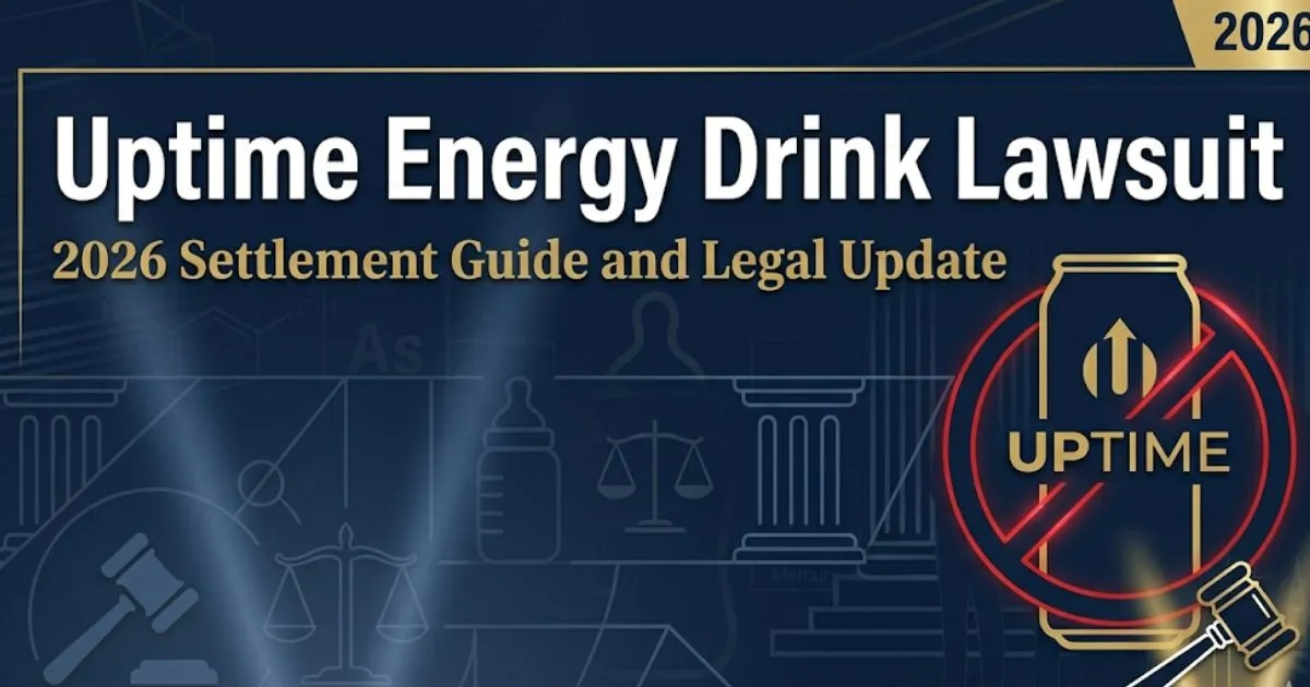 Uptime Energy Drink Lawsuit 2026 hero banner with legal gavel and stylized can silhouette on navy background