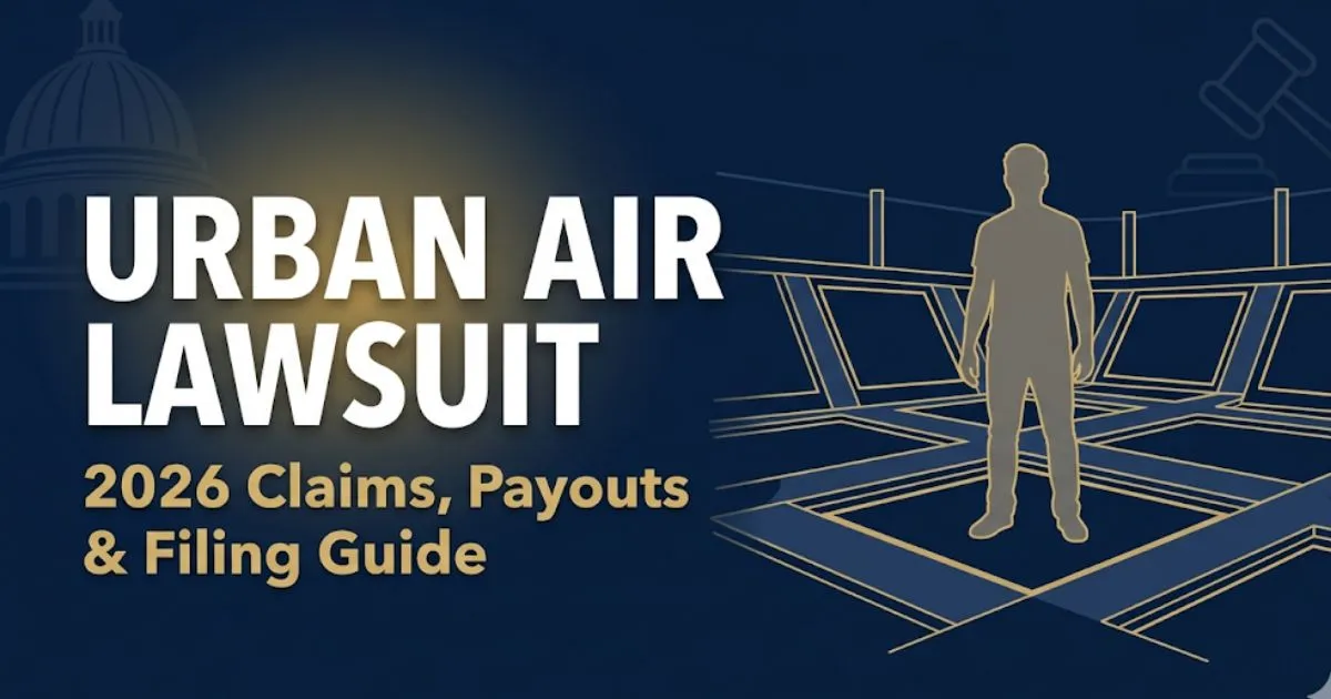 Urban Air Lawsuit 2026 hero banner showing legal claim guide with silhouette and trampoline park icons on navy background