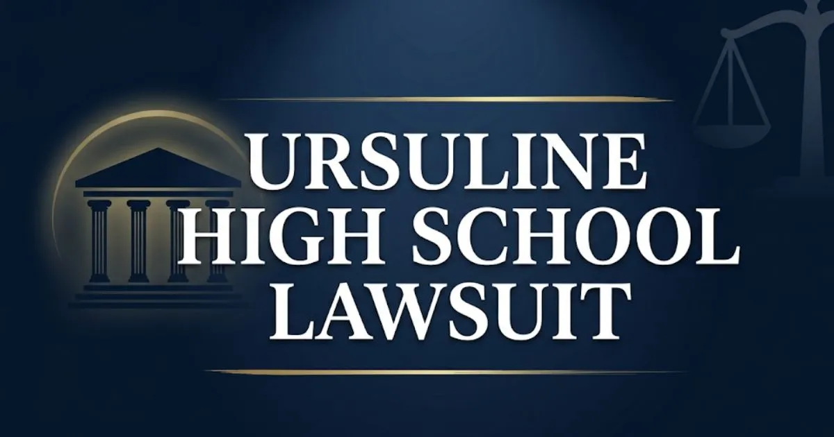 Ursuline High School lawsuit 2026 editorial banner with courthouse silhouette and scale of justice on navy background