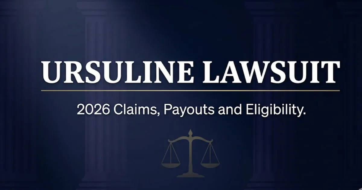 Ursuline lawsuit 2026 hero banner showing courthouse silhouettes, bold headline text, and a gold justice scale icon on navy background