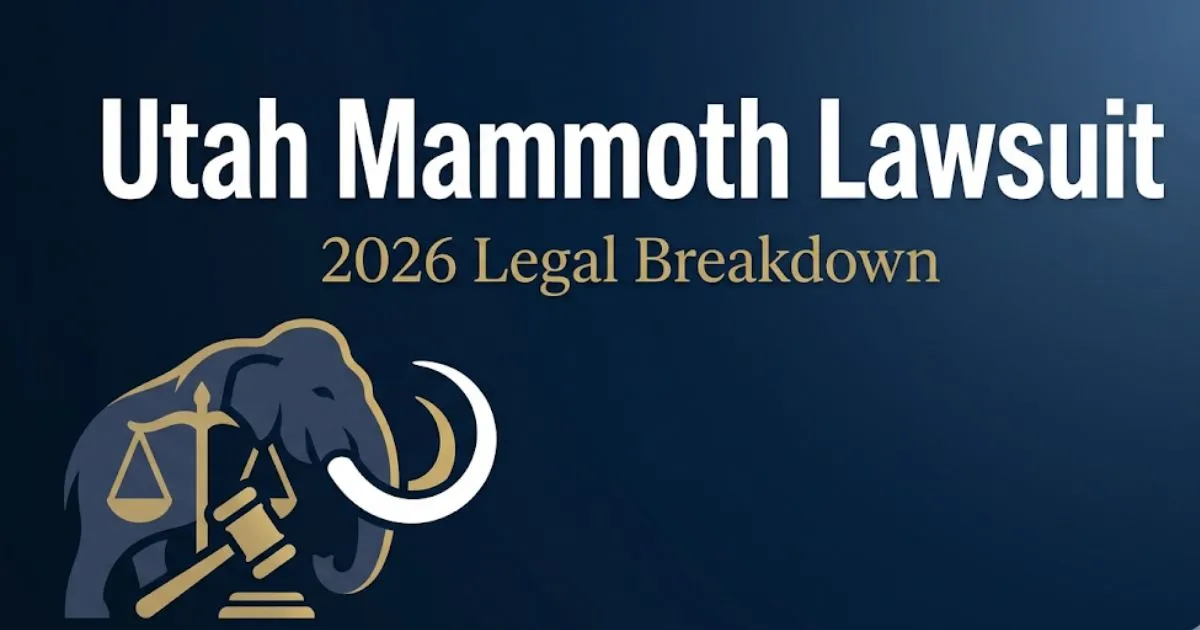 Utah Mammoth Lawsuit 2026 legal breakdown banner with navy background, gold accents, and legal symbols