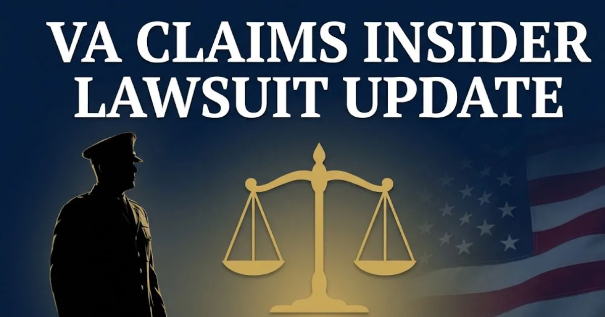 VA claims insider lawsuit update 2026 hero banner with legal scale gold icon and veteran silhouette on navy background