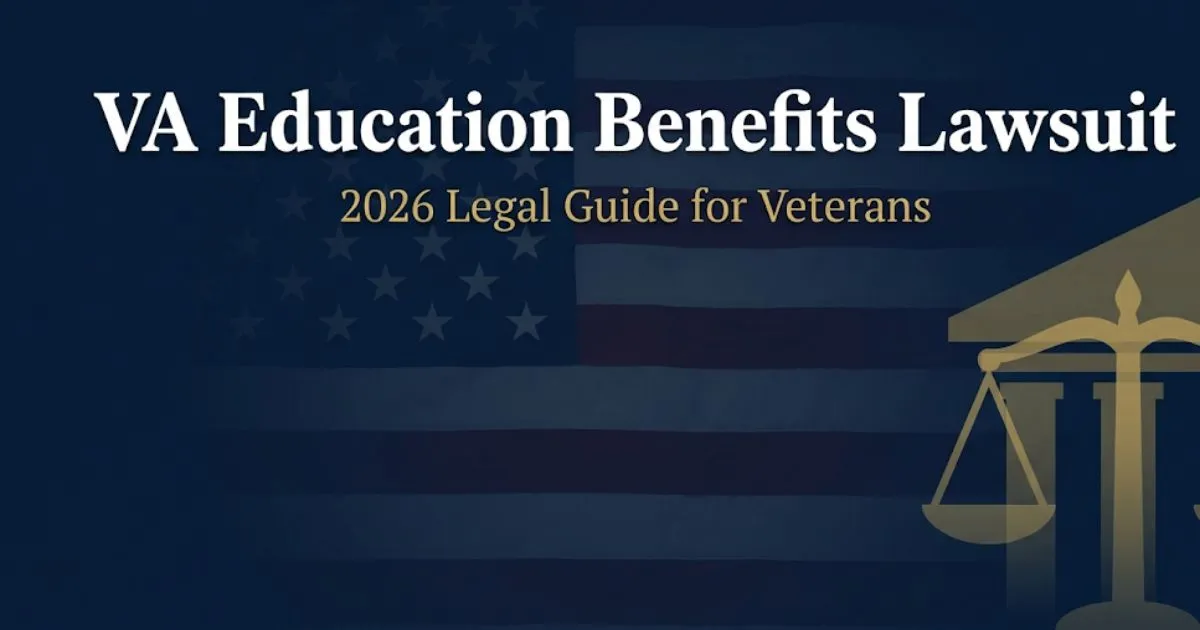 VA education benefits lawsuit 2026 legal guide banner with courthouse silhouette and gold accents on navy background