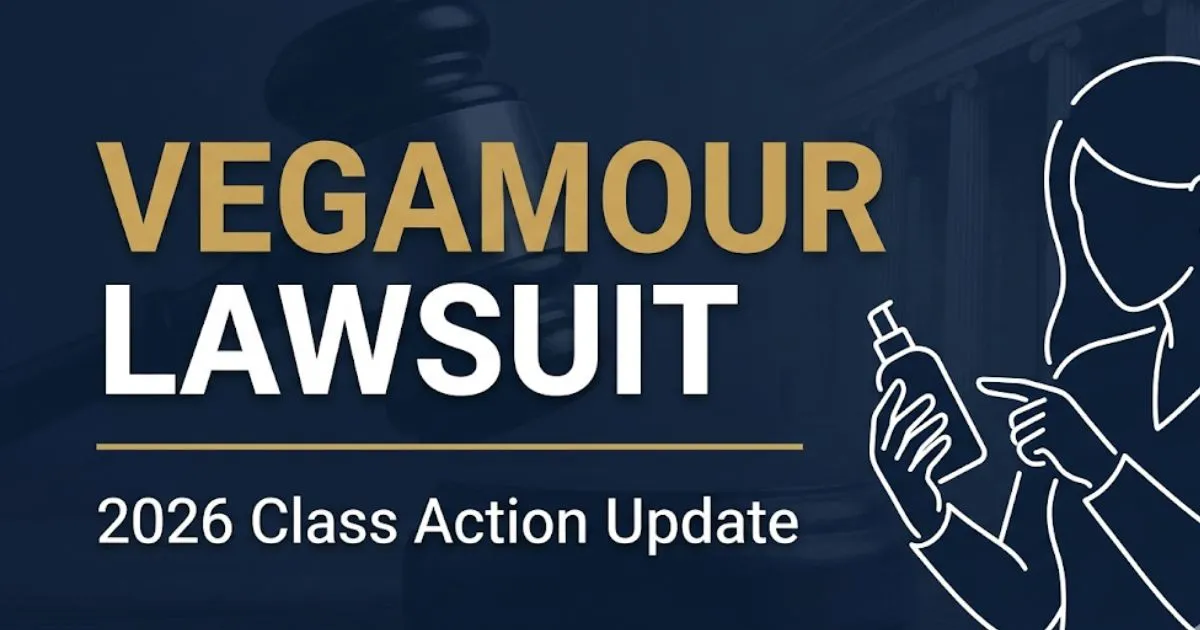 VEGAMOUR lawsuit 2026 class action banner showing legal symbols and bold headline text on navy background
